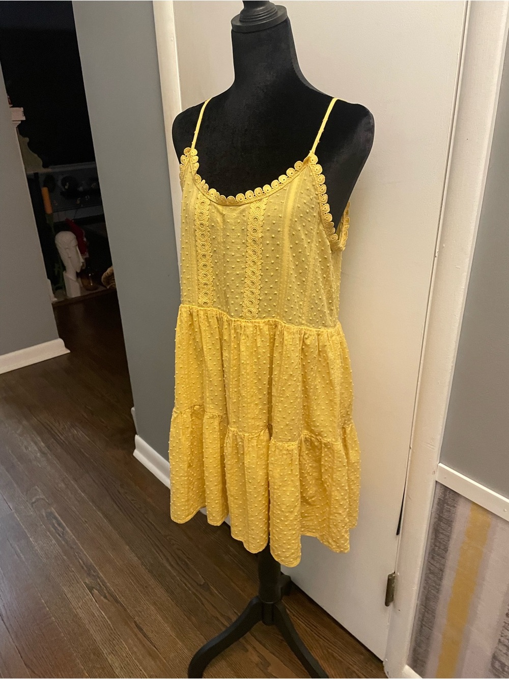 Blu Pepper Yellow Eyelet Spaghetti Strap Mini Dress